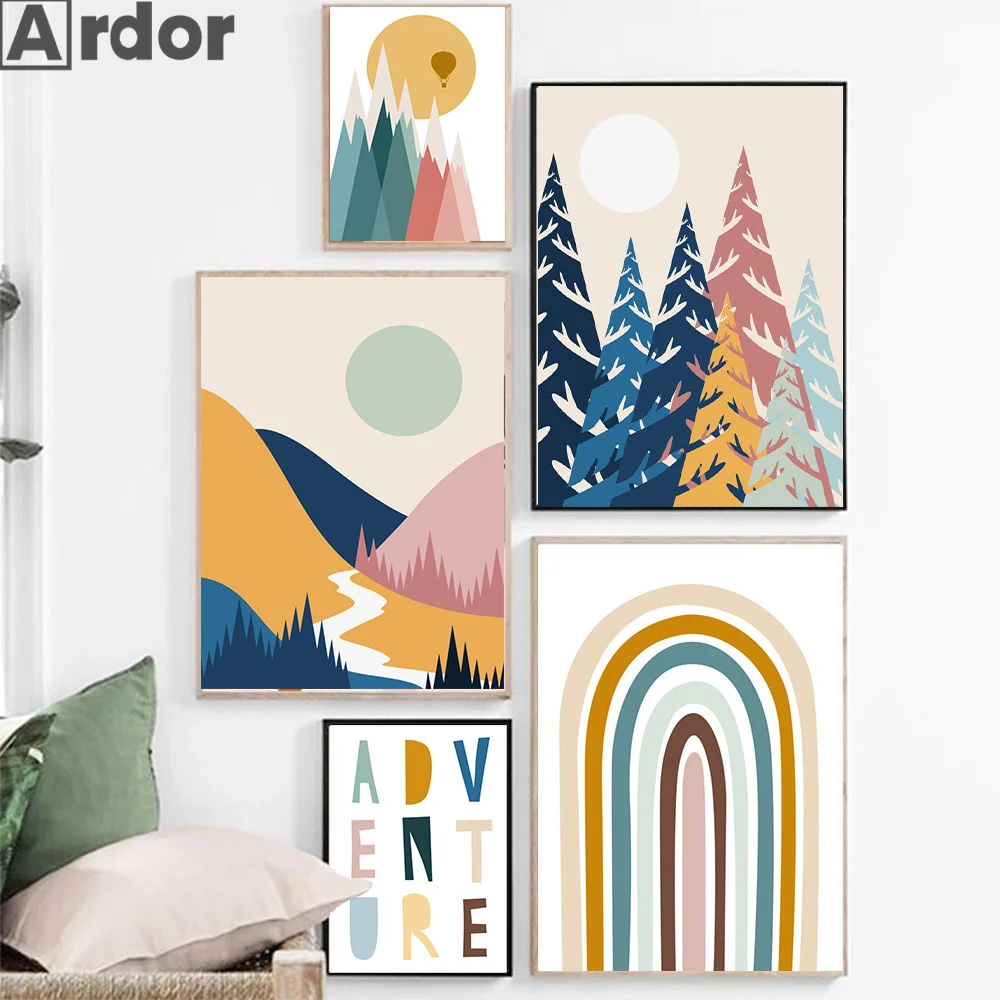 Boho Abstract Landscape Poster Rainbow Sun Print Mountain Forest Canvas Painting Wall Art Pictures Living Room Home Decoration