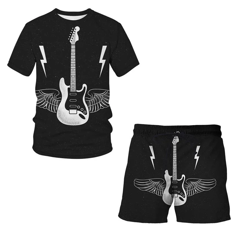 thumbnail image 1 of Conjunto de pantalones cortos de manga corta con estampado 3D y patrón de guitarra musical personalizado Conjunto holgado de 2 piezas para hombre, 1 of 5