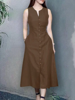 ZANZEA 2025 Summer Dress Women V Neck Party Sundress Elegant Solid Sleeveless Holiday Midi Vestidos Robe Stylish Work Dresses 1