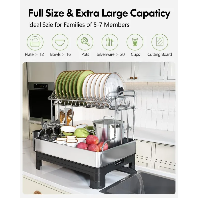 Stainless Steel Dish Drying Rack, Extra Large Dish Racks for Kitchen Counter, 2 Tier Dish Drainer and Drainboard Set 4