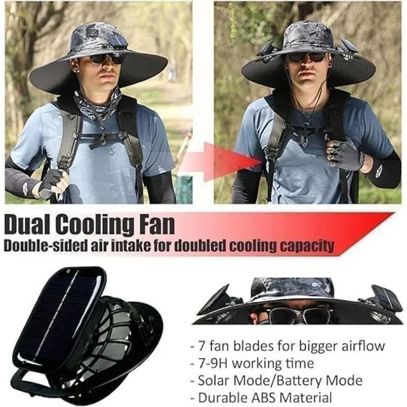 Sun Hat Men Fashion Wide Brim Solar Fan Hat UPF50+ Sun Protection with Dual Power Solar USB Adjustable Outdoor Beach Fishing Hat