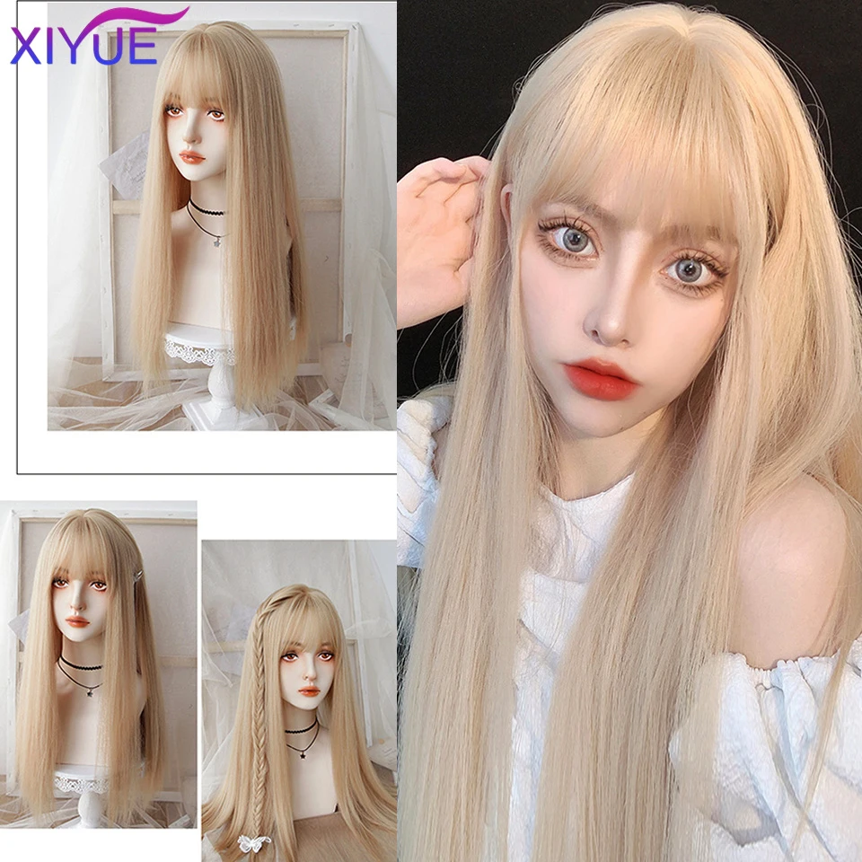 XIYUE-Peluca de cabello sintético con flequillo para mujer, cabellera artificial largo, ondulado, Natural, rubio platino, fibra resistente al calor, fiesta de Cosplay, Lolita