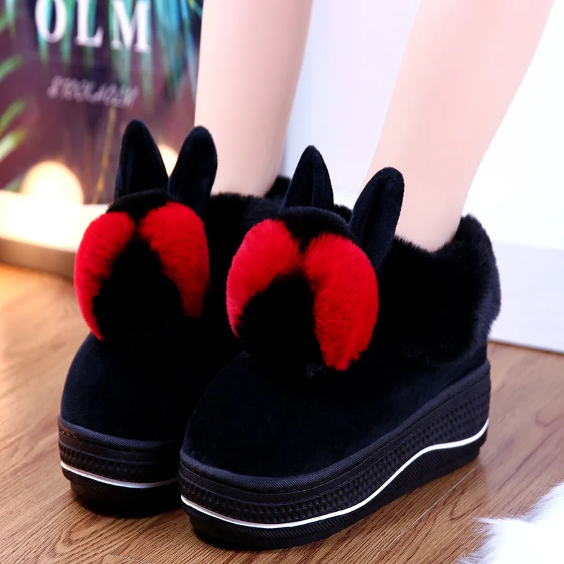 

Winter Women Home Furry Slippers Concise Soft Plush Slides House Rabbit Ears Warm Platform Shoes Couples Closed Cotton Slippers