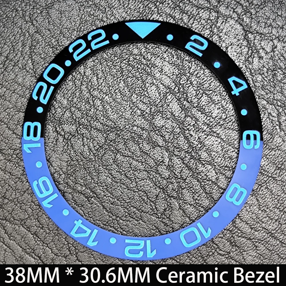 Elegant Blue Luminous Bezel GMT and Diving Watch Insert, Sloping 38mm x 30.6mm Ceramic/Aluminum