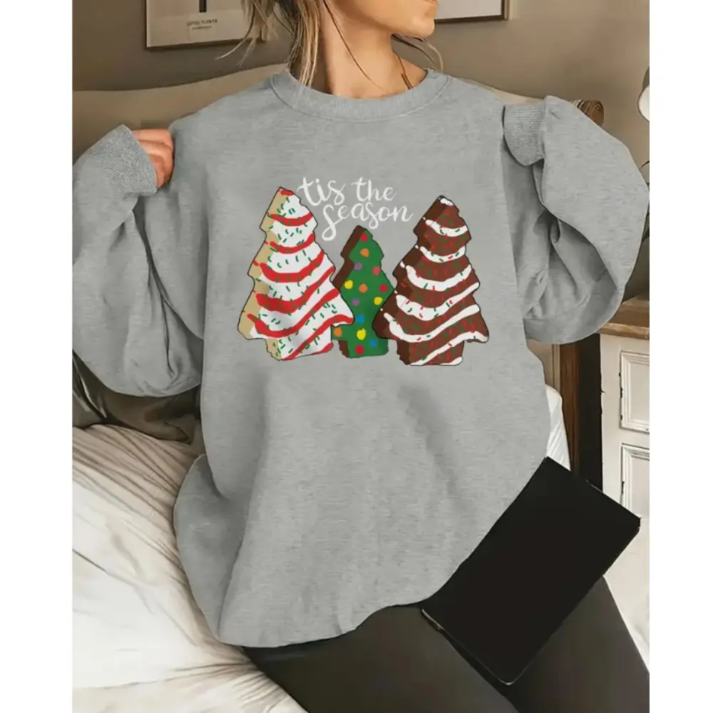 Christmas Tree Print Sweatshirt Casual Long Sleeve Crew Neck Sweatshirt Loose Hoodie Soft Designer Streetwear for Female
