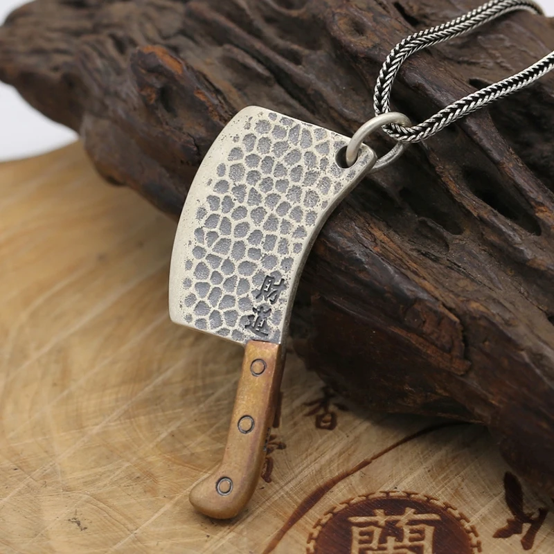 

Real Pure S925 Sterling Silver Pendant Bless Men Women Lucky Rich Wealth Kitchen Knife Pendant 16g
