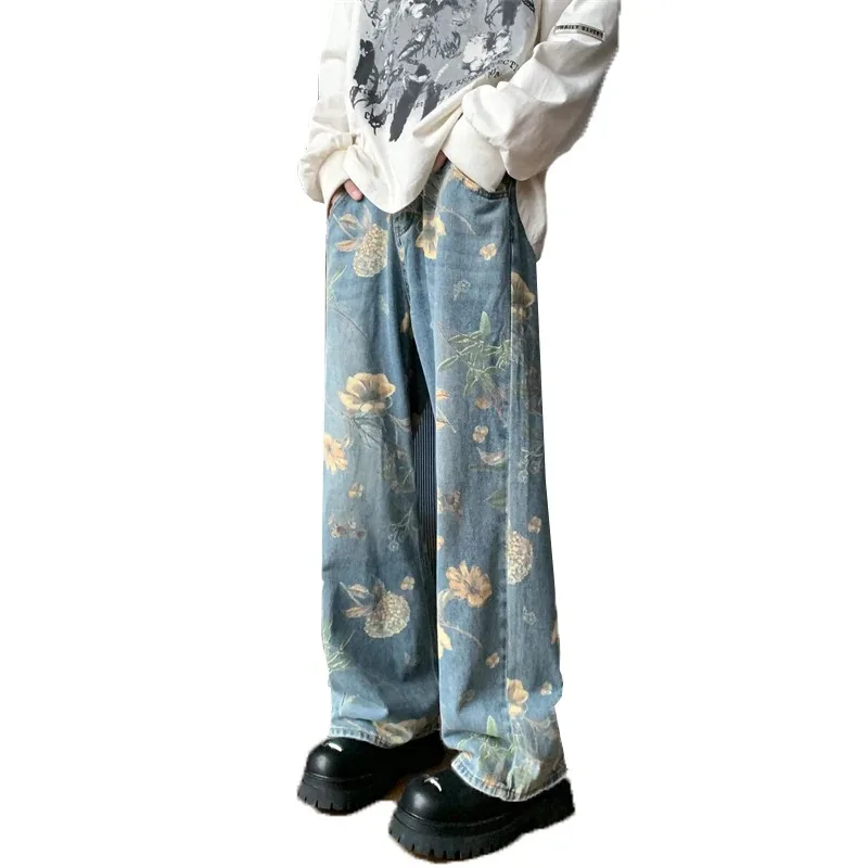 

Printed Jeans Men's High Street Vintage Retro Spring Autumn Denim Loose Straight Washed Wide-leg Pants Casual Cowboy Trousers