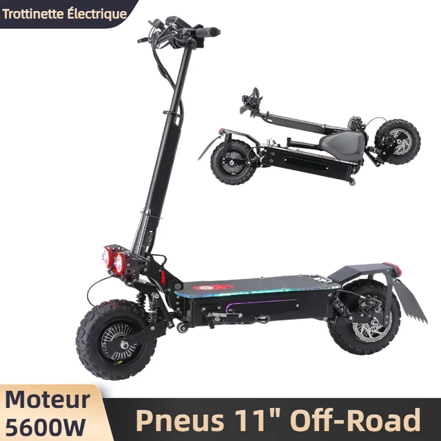 Trottinette Électrique Tout-Terrain 80km Autonomie, Double Moteur 5600W, Pliable, Suspension Hydraulique, Frein à Disque, Pneus 11" Off-Road 1