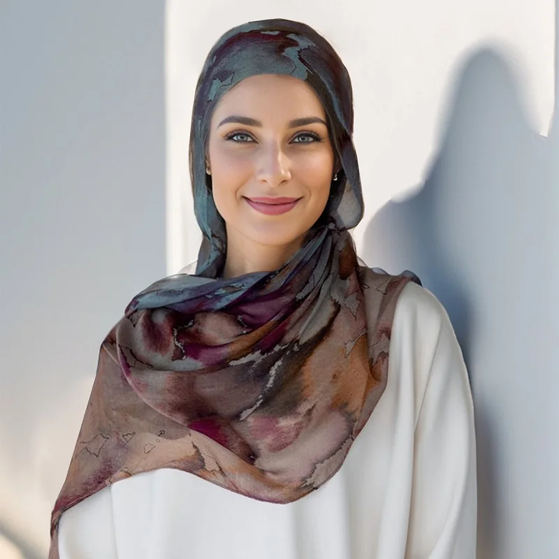 Watercolour Floral Printed Modal Breathable Light Weight Cotton Rayon Viscose Woven Modal Muslim Women 2024Printed Chiffon Hijab 2