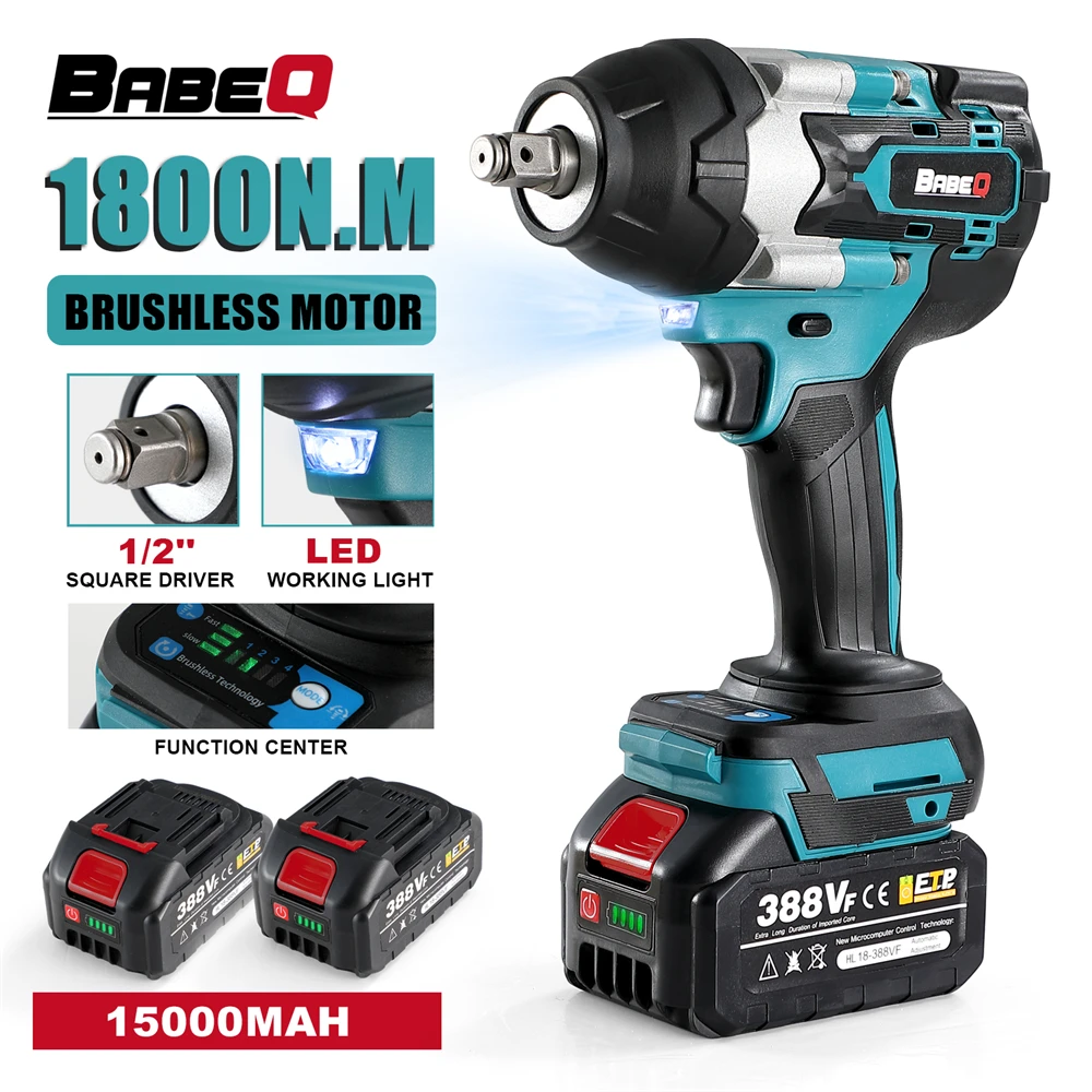 1800N.M Torque Brushless Electric Impact Wrench 1/2 Square Cordless Wrench with Li-ion Battery Power Tool for Makita 18V Battery