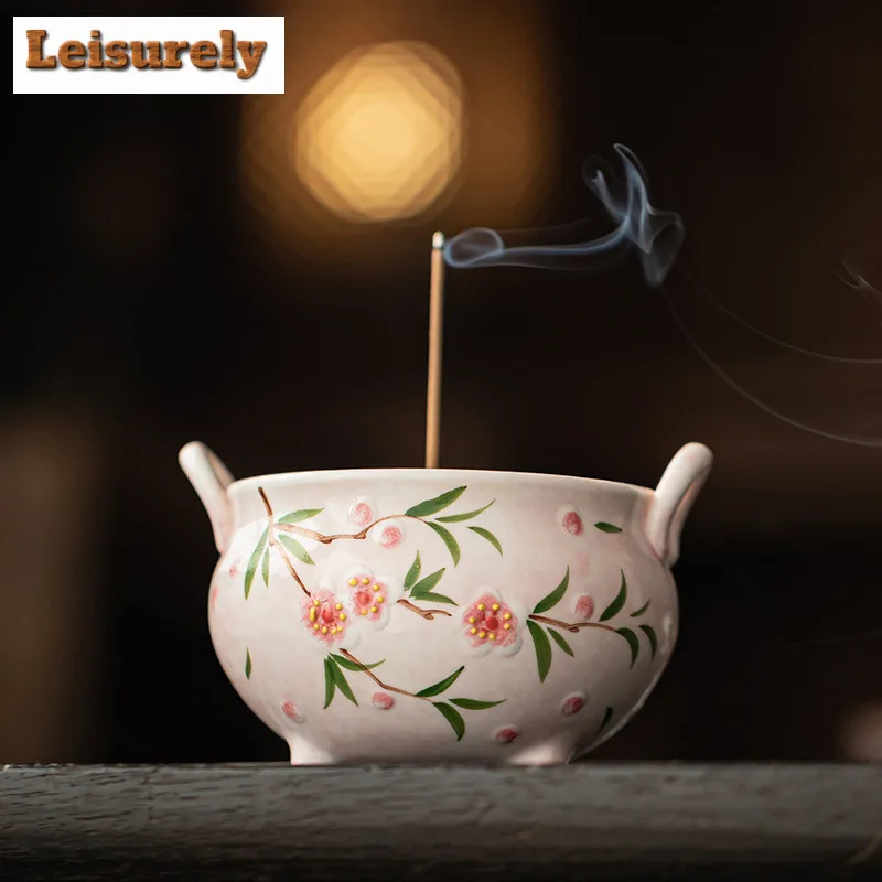Hand-painted Peach Blossom Incense Holder Water Fountain Decoration Incense Burners Meditation Censer Indoor Decoration Supplies