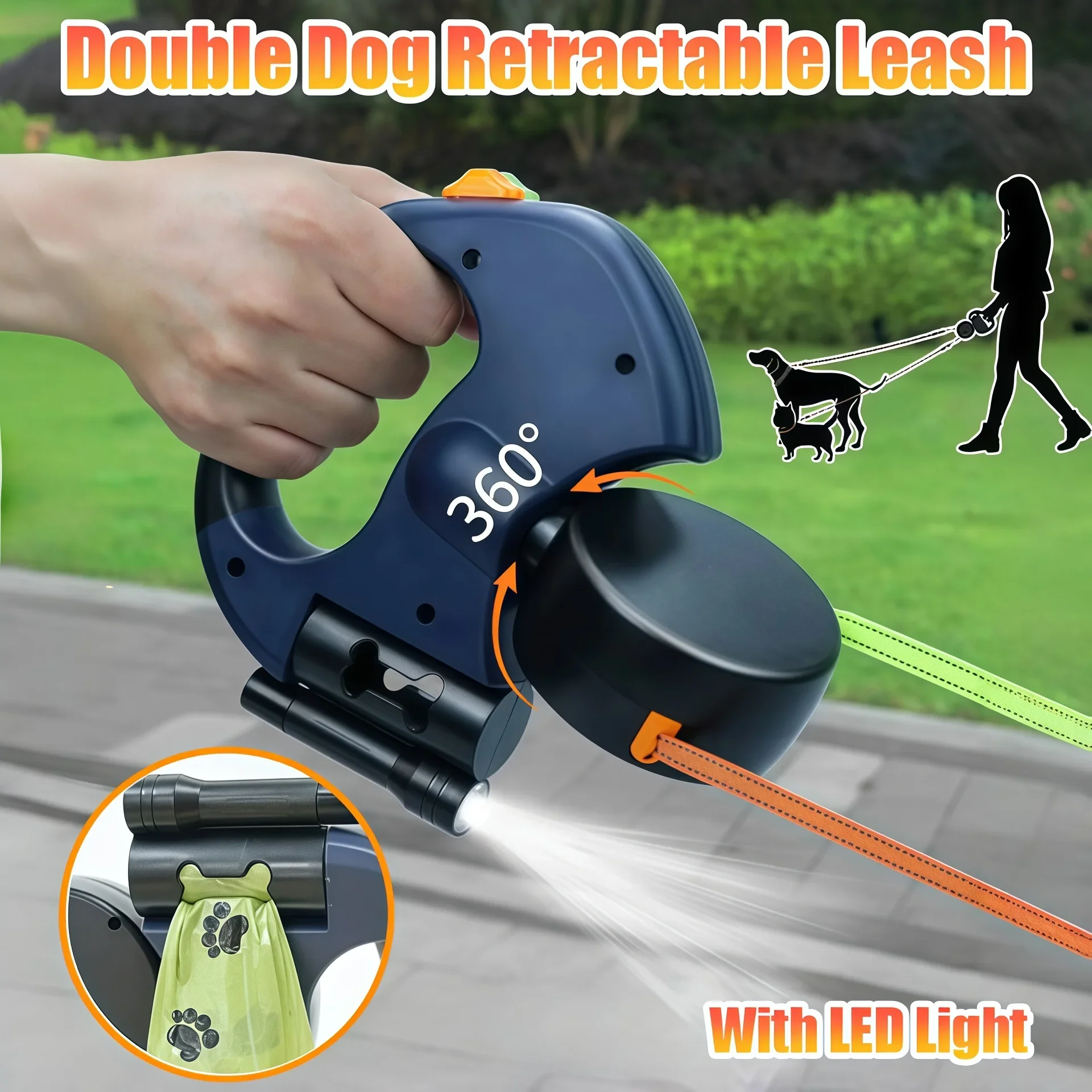 Retractable Double Dog Leash with Light 1