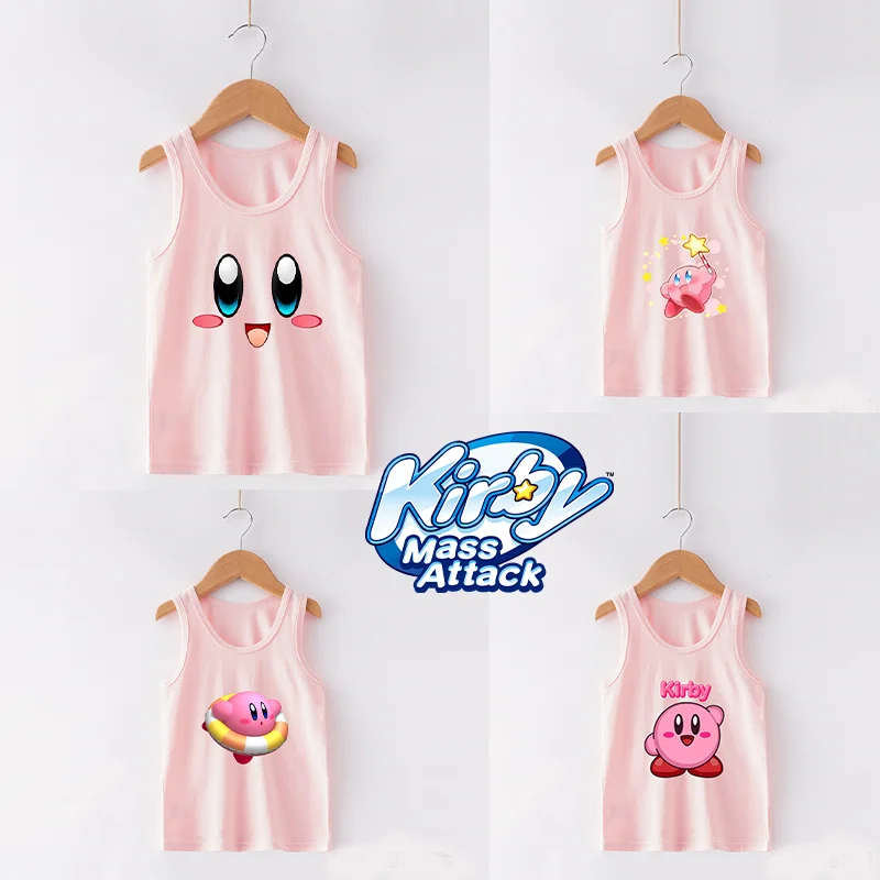 스타 커비 핑크 탱크 탑 소녀 티셔츠, 애니메이션 만화 인쇄, 귀여운 코튼 아기 선물 조끼, 여름 어린이 유아 귀여운 옷