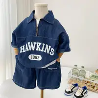 Boys Cotton Summer Suit 2025 New Baby Fashion Print Clothes Children Korean Handsome Short-sleeved Shirt + Denim Shorts 2pcs Se