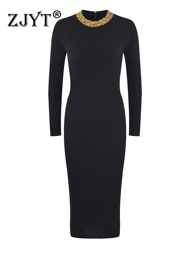 

Женское трикотажное платье-свитер с круглым вырезом и длинным рукавом