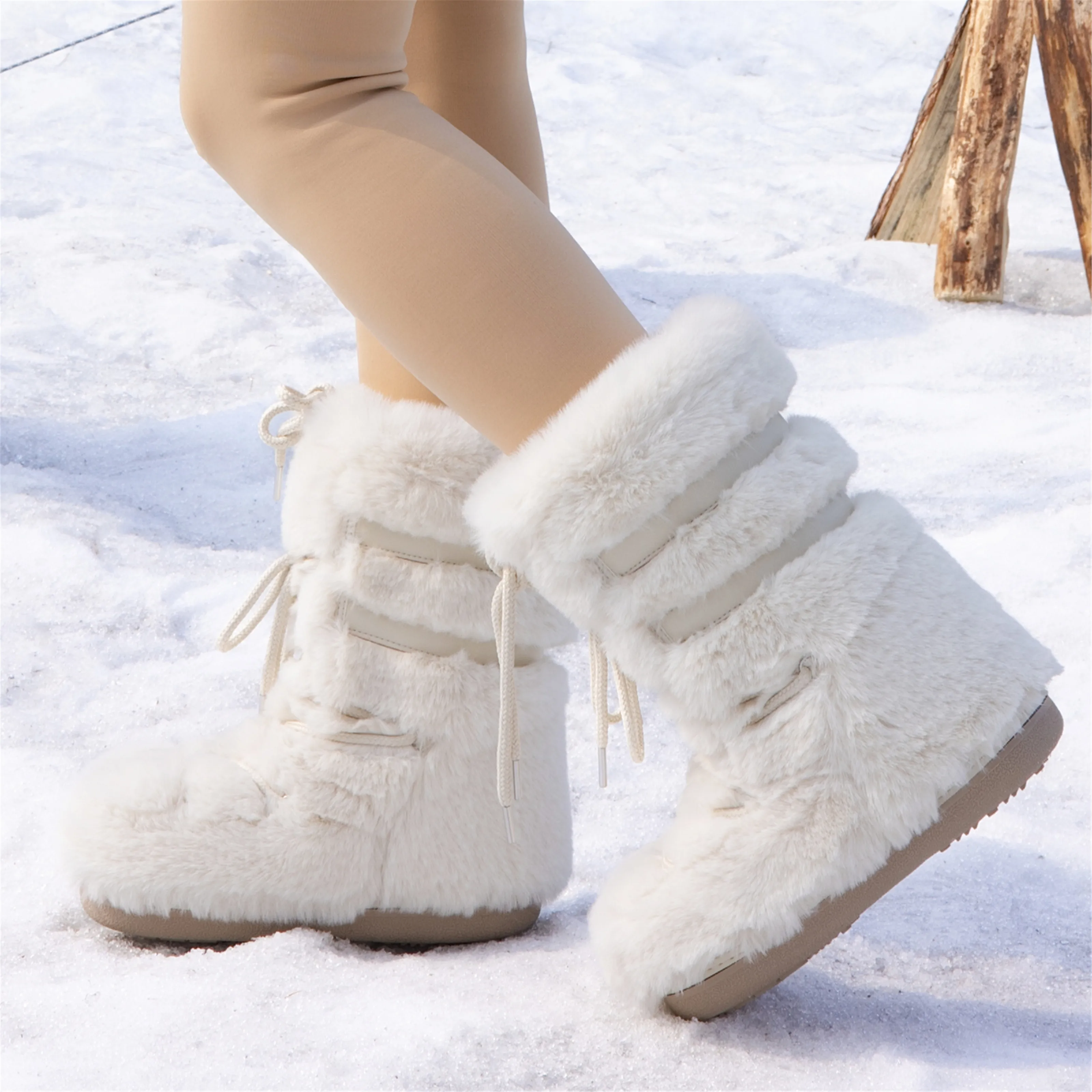 2025 Winter Snow Boots Mid-calf Lace-up Rabbit Fur Women Ski Boots