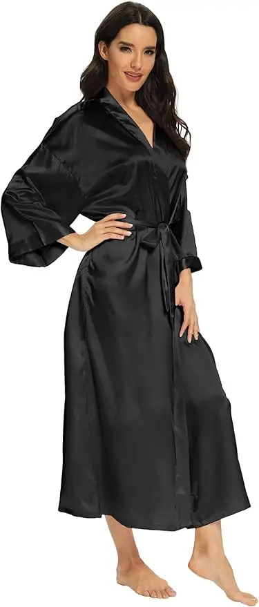 Women's Satin Robe Belted Elegant Solid Color Silky Comfort Bathrobe Loungewear 2