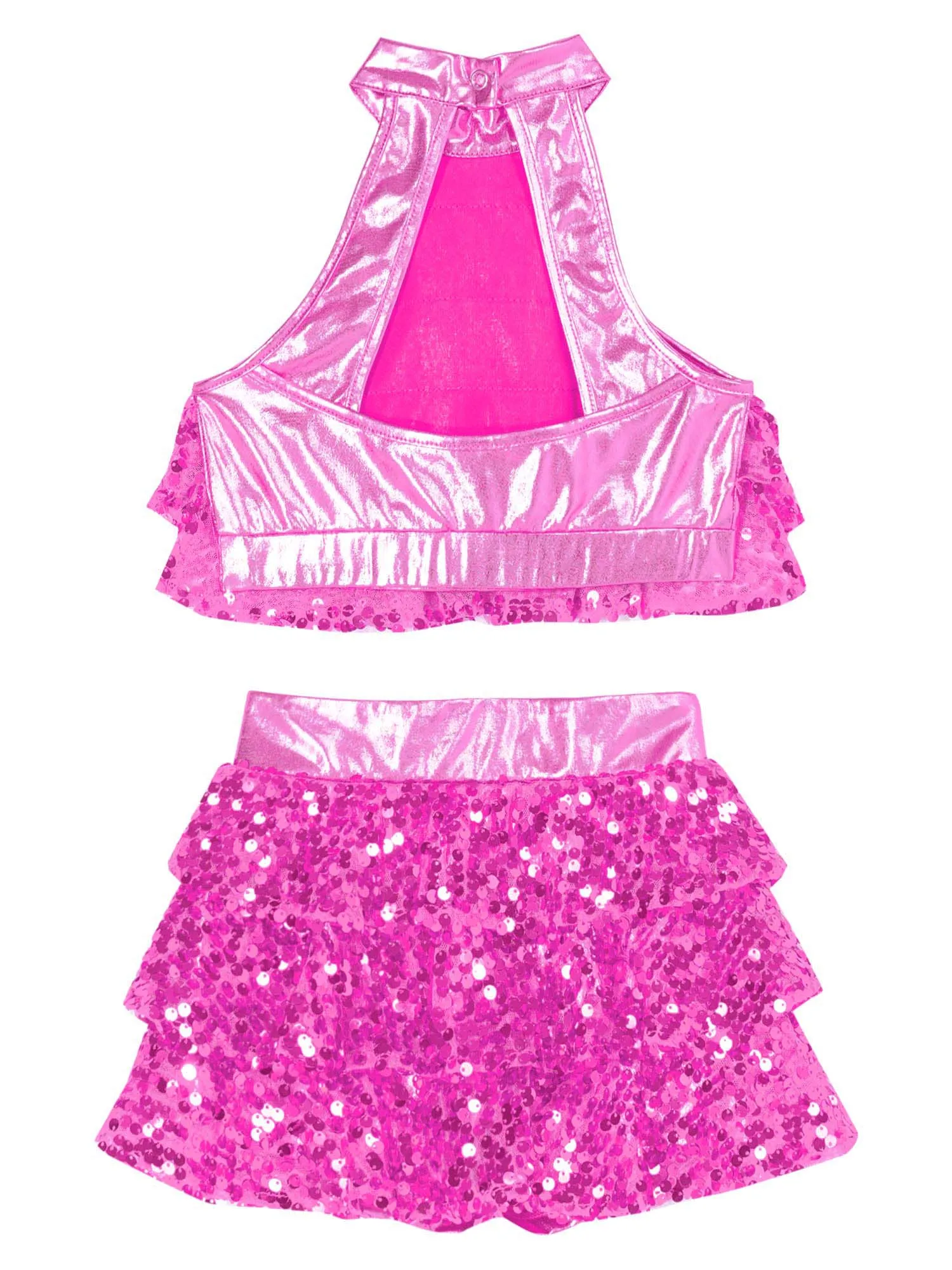 Kids Girls Stylish Clothing Sleeveless Round Collar Backless Shiny Sequins Tiered Crop Top with Elastic Waistband Skirt dance