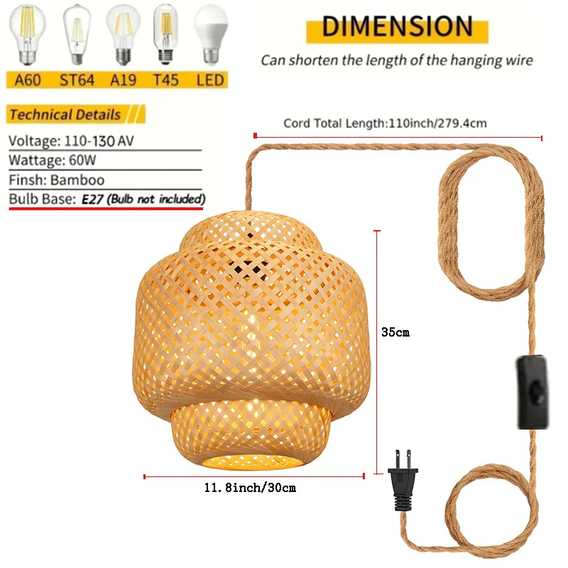 Bamboo Lantern pendent light Natural Rattan Wicker E27 Bulb Chandeliers pendent lamp Restaurant Home Decor AC85-260V 6
