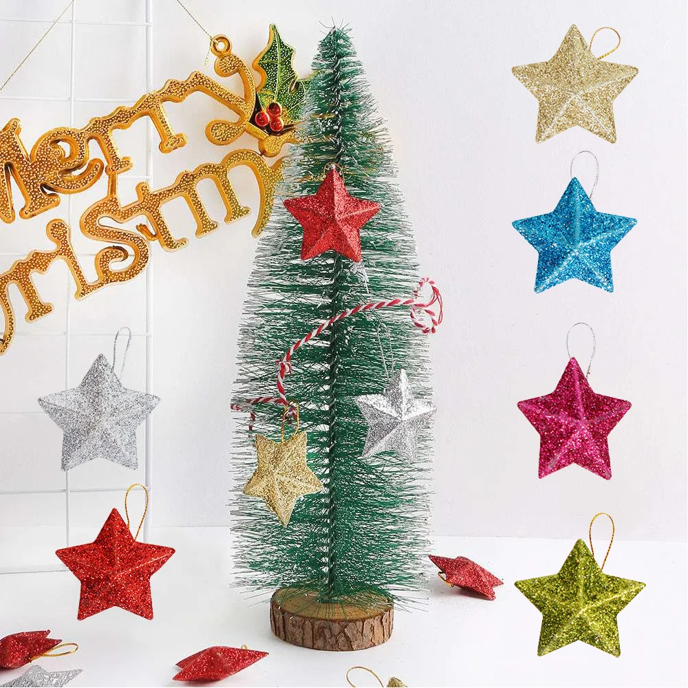 

6PCS Pentagram Christmas Hanging Plastic Xmas Tree Ornament Silver Gold Glitter Christmas Tree Hanging Pendant Home Decor