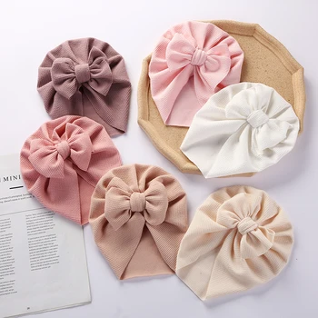 Soft Ribbed Baby Turban Hat with Bow - Stretchy Newborn Hospital Cap for Boys & Girls - Adorable Topknot Baby Headwrap & Hair Accessory