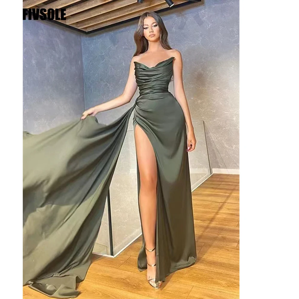 

Fivsole Strapless Satin Mermaid Evening Dresses High Split Pleat Prom Dresses Dubai Celebrity Dresses Pageant Gowns for Women