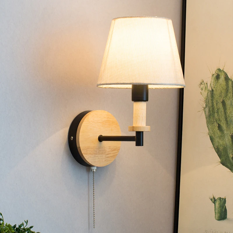 

LED Nordic wall light solid wood fabric wall lamp personalized creative bedroom bedside aisle living room study E27 wall lantern