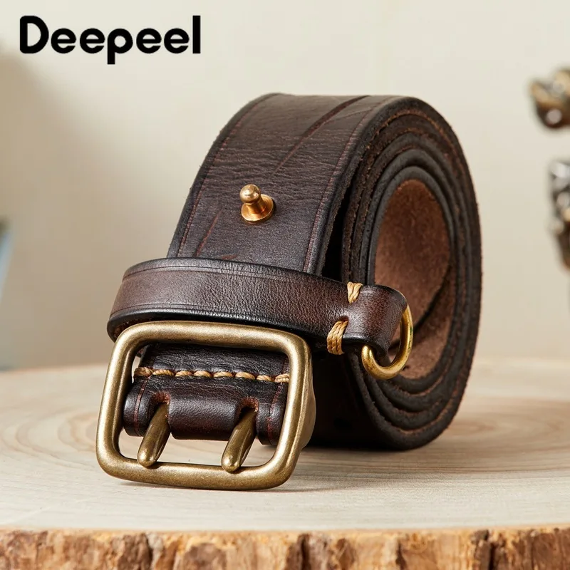 Pure Cowhide 3.8cm Wide leather belt for Men Double Pin Buckle Male Jeans Belts Luxury Gift Waistband