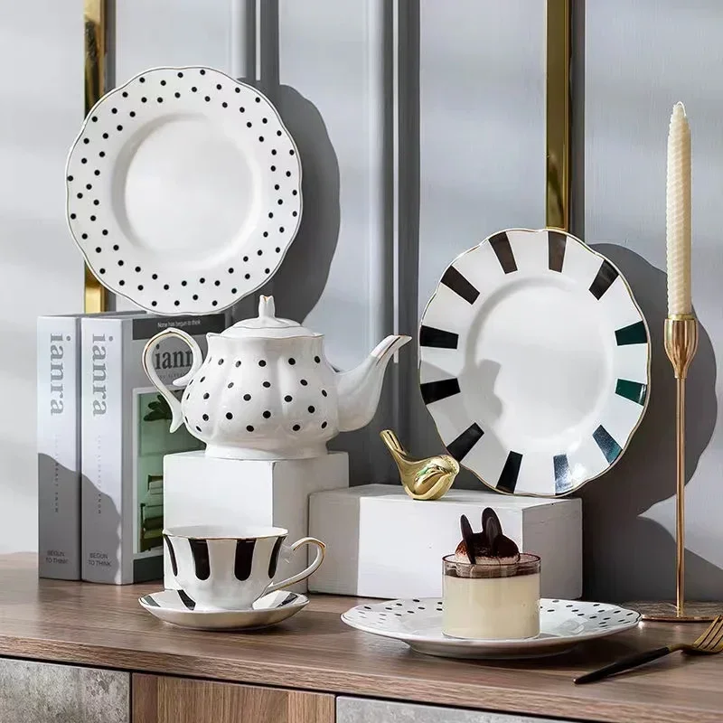 White With Gilt Porcelain Rim Plates For Dinner Food Service Dishes Soup Salad Bowl Ceramic Source Coffee Set Polka Dot Gifts