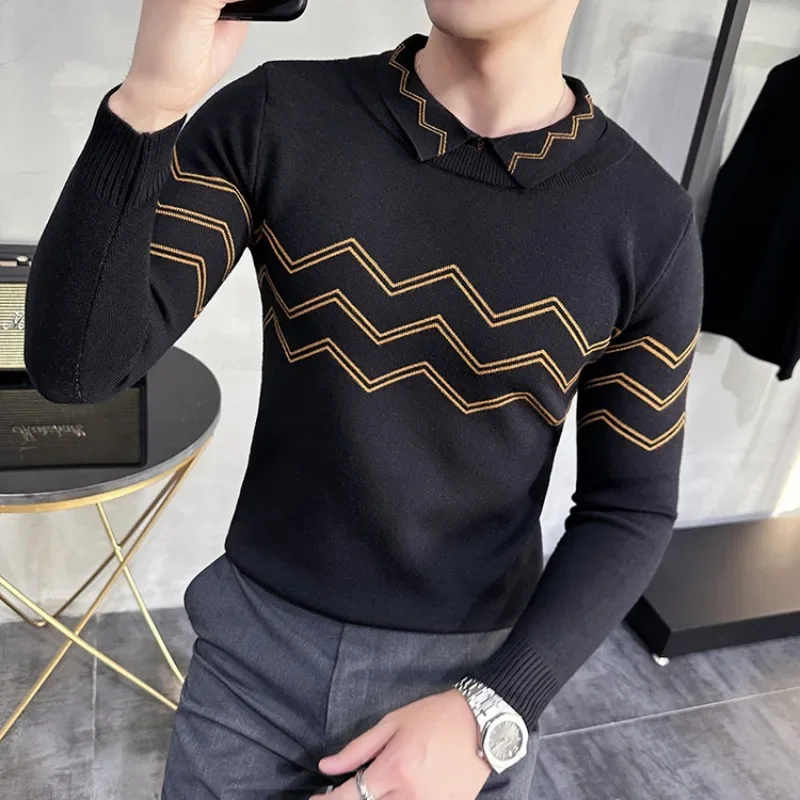 

2023 Winter Contrasting Stripes Knit Sweater Men High Quality Lapel Slim Casual Business Pullovers Knitwear Office Social Tops