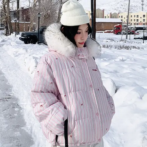 Parkas Women Short Coats Fur Collar Hooded Zipper Jackets Striped Print Bow Thick Y2k Streetwear Jacket Work Autumn Winter - Image 4