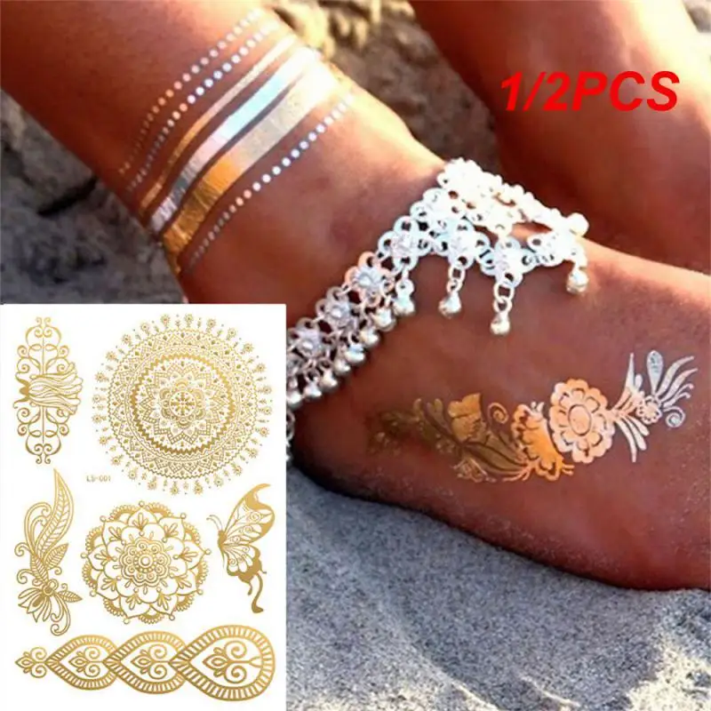 

1/2PCS Waterproof Temporary Tattoo Sticker Flowers Mandala Henna Rose Gold Metallic Flash Tatoo Boho Lotus Jewelry Glitter Body