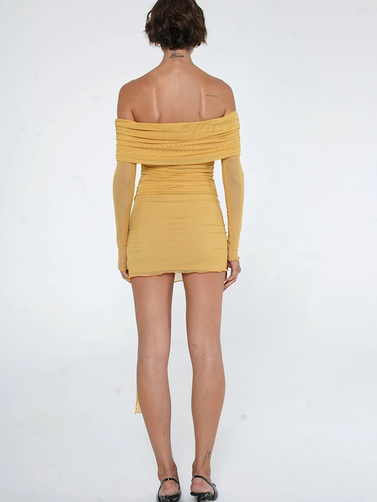 JULISSA MO Sexy Off Shoulder Bandage Women Dress Long Sleeve High Waist Ruched Dress Female Summer Skinny Elegant Prty Clubwear