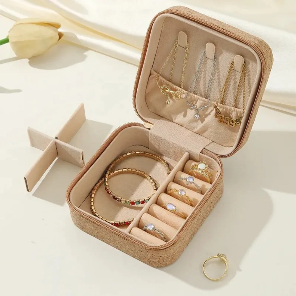 New Cork Wood Jewelry Storage Box Portable Useful Ring Earrings Organizer Cosmetic Holder Double Box Travel Supplies 3