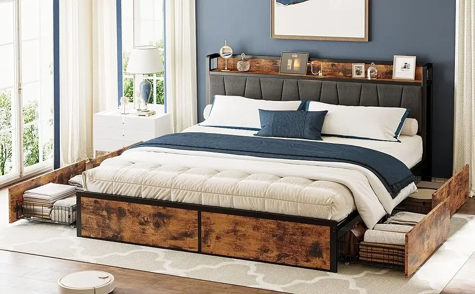 Description Picture 3 of itemCalifornia King Bed Frame with 4 Storage Drawers, Platform Bed with Charged Headboard, Sturdy and Stable,No Noise, No Box Spring