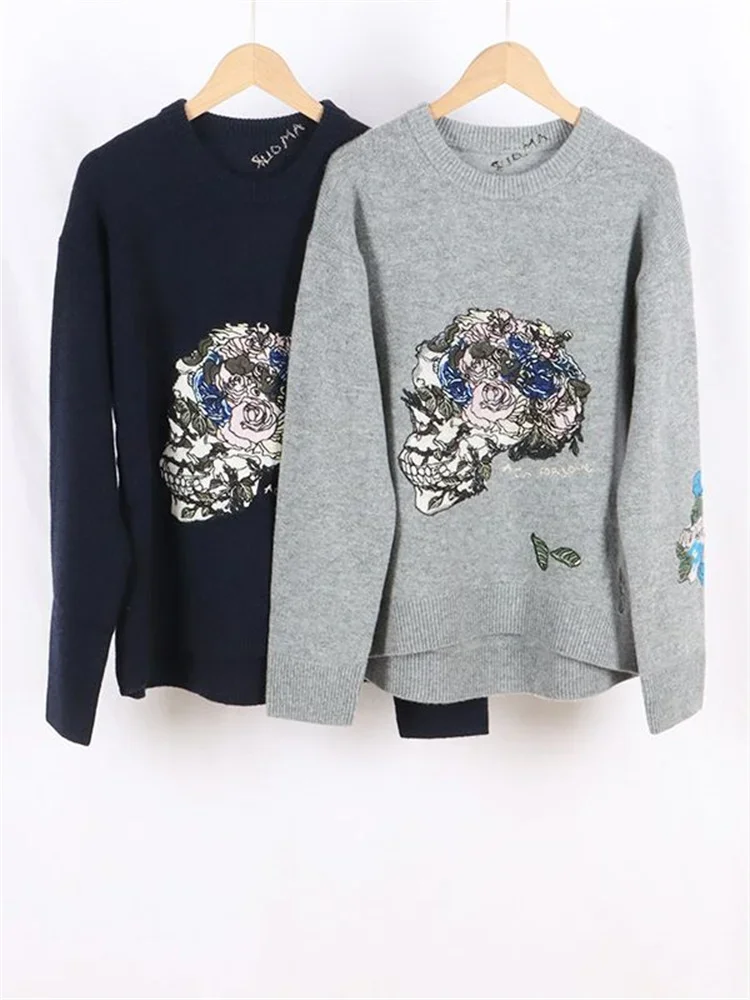 

Women's Cashmere Sweater Floral Embroidery Autumn Fashion O-neck Long Sleeve Jumper