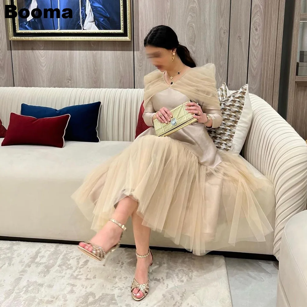 

Booma Saudi Arabia Women's Evening Dresses V Neck Long Sleeves Stain Tulle Formal Dresses A Line Prom Gowns فساتين مناسبة رسمية