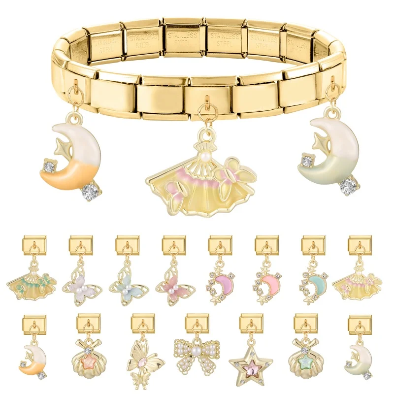 Golden Charm Shell Butterfly Star Moon Cherry Italian Charm Links Fit 9mm Bracelet Stainless Steel DIY Jewelry Making Wholesale 2