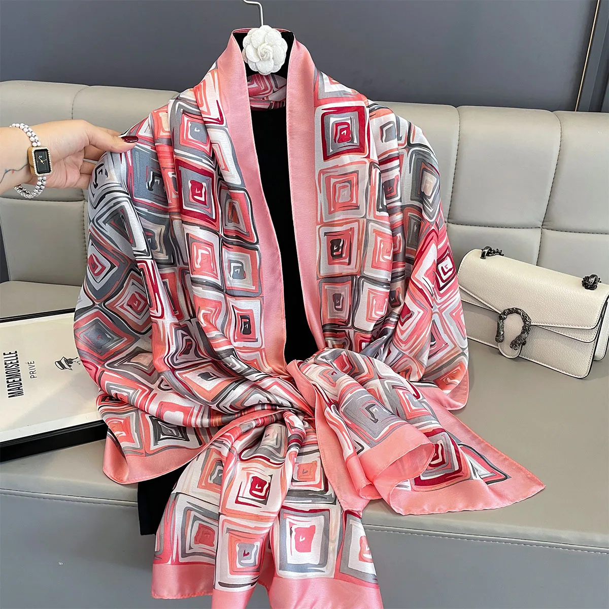 New Women Scarves Spring Summer Autumn Luxury Print Thin Light Satin Scarf Fashion Wrap Shawls 55 Colors Elegant Bandana Poncho - 5
