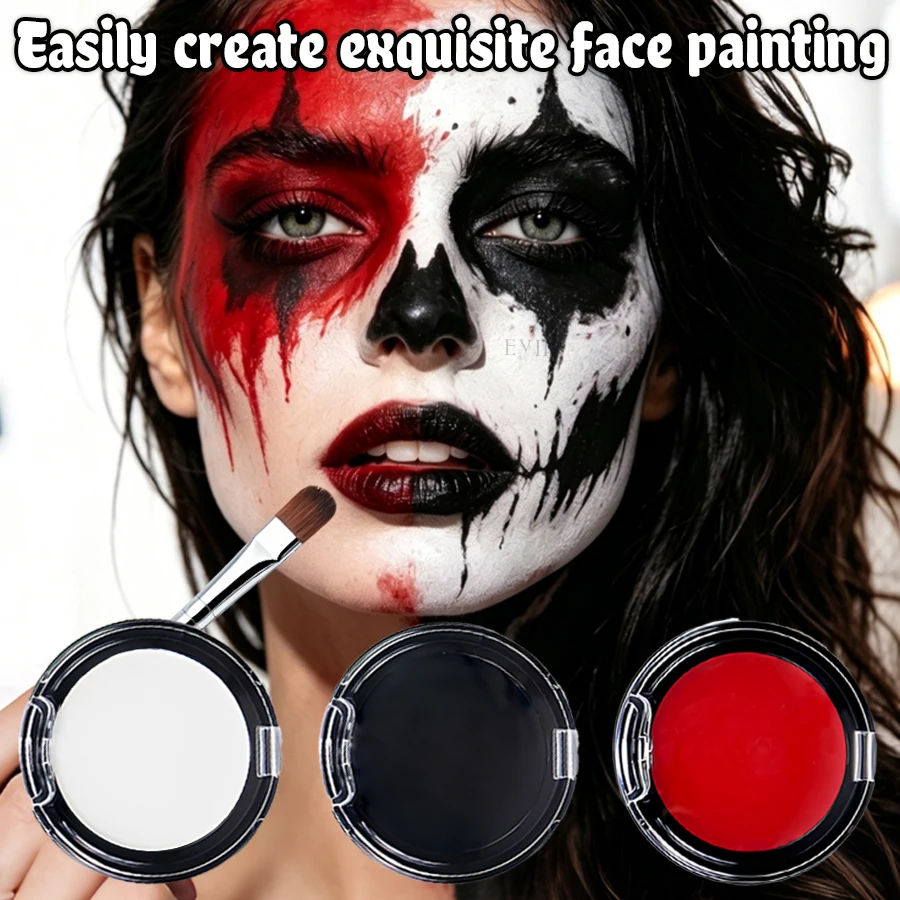 Set di Trucco per Viso e Corpo, Colori Nero Bianco Rosso, Crema per Trucco con Pennello, Pigmenti Lavabili per Halloween, Cosplay, Carnevale - immagine 4