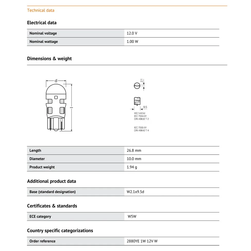 OSRAM LED ̺ ǥ LED  õ,  ̵ Ŀ ,  2880YE, T10, WY5W,  Ȳ, 12V, 1W