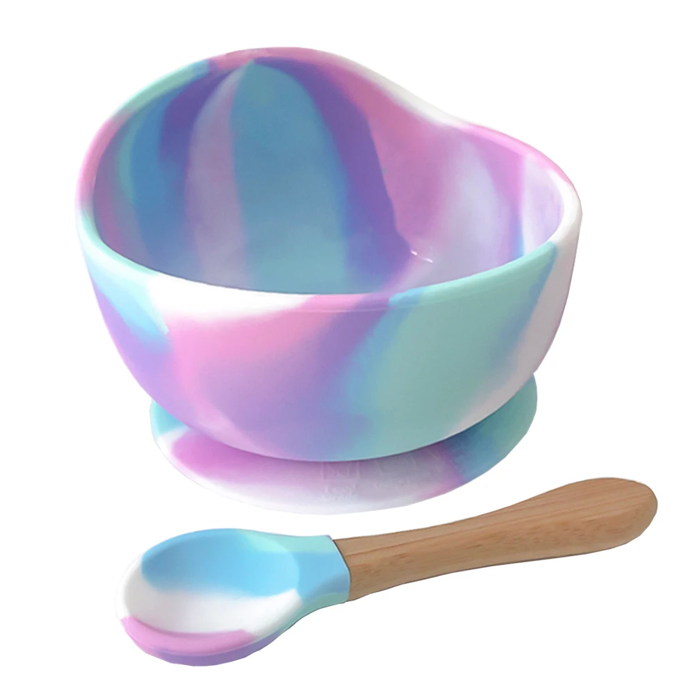 Baby bowl spoon Children Lunch silicone tableware wooden handle silicone spoon cup bowl baby Lunch Feeding
