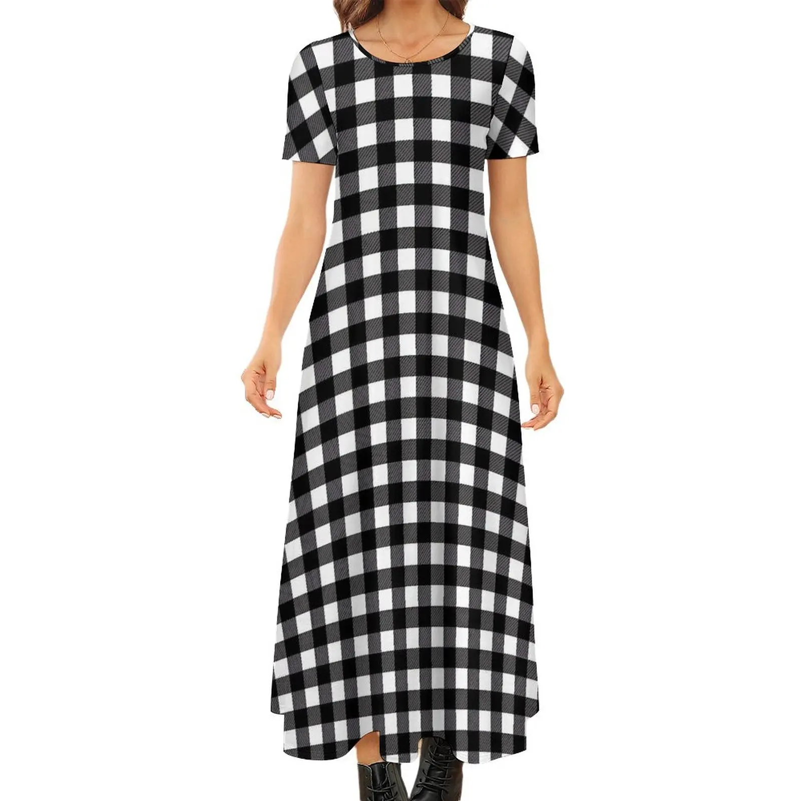 

Black White Plaid Dress Vintage Print Elegant Maxi Dress Fashion Bohemia Long Dresses Womens Short Sleeve Big Size Vestidos