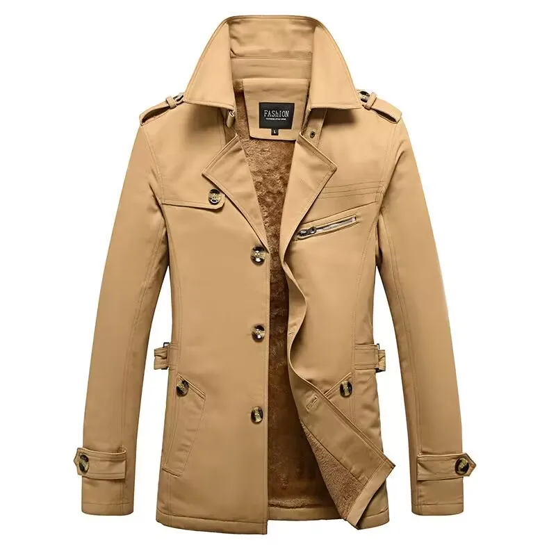 Men Winter Jackets Business Casual Cotton Turn-Down Collar Windbreaker Trench Coat