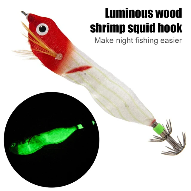 103mm LED Luminous Fake Wood Shrimp Bait with Squid Jigs Hook Fishing Lures