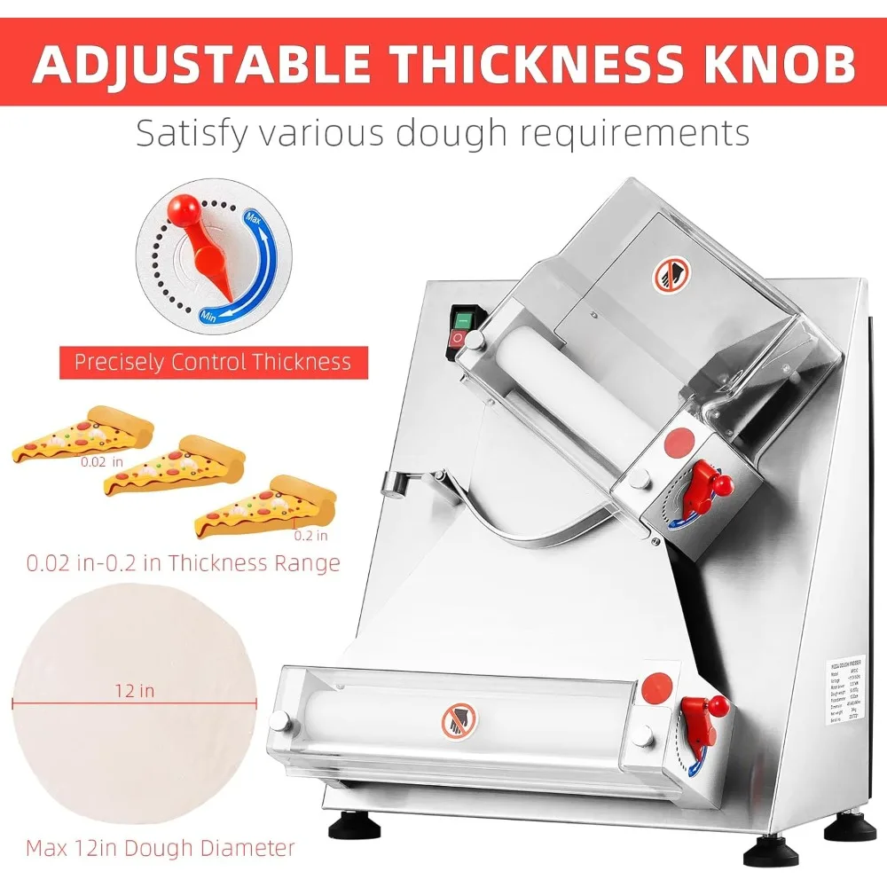 Commercial Pizza Dough Roller Sheeter, Max 12", Automatic 370W Electric Pizza Dough Roller, Stainless Steel, Suitable for Noodle