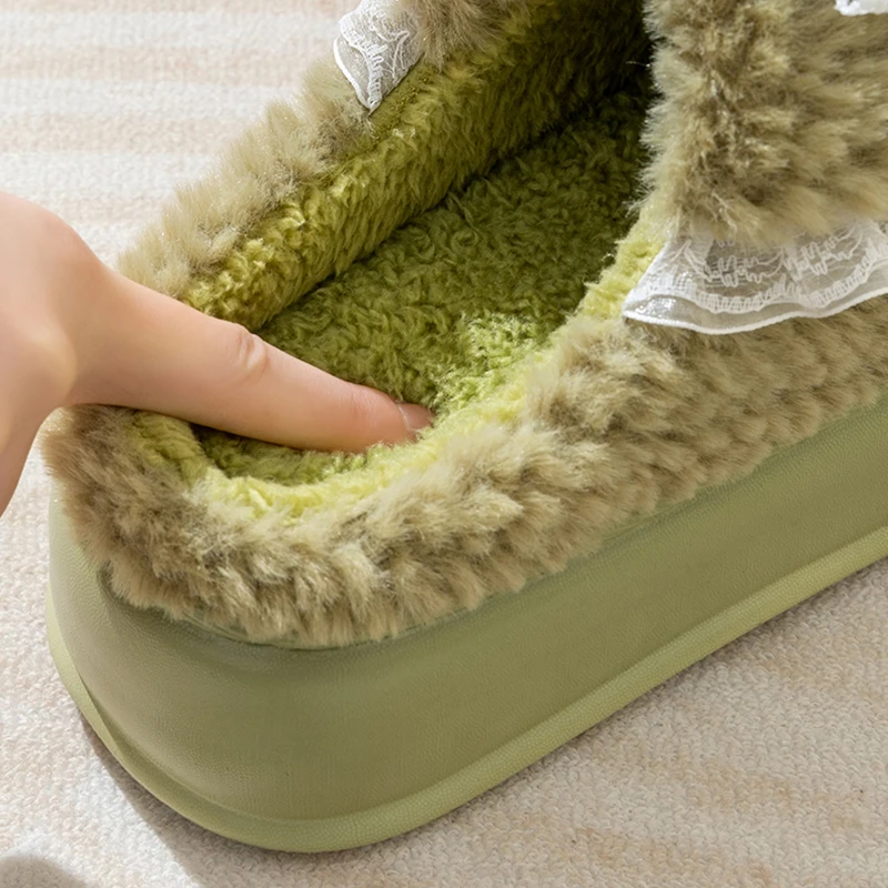 Sweet Bowknot Platform Cotton Slippers Women Indoor Thick Bottom Warm Fluffy Slides Woman Anti Slip Soft Sole Home Slippers