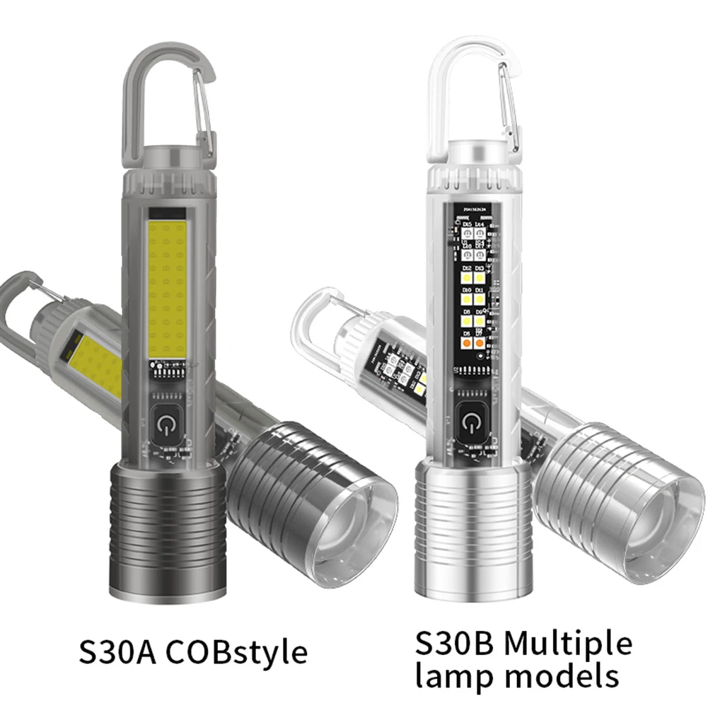 COB/LED Portable Lights Telescopic Zoom 1500mAh Mini Flashlight Type-C USB Rechargeable IPX4 Waterproof for Camping Hiking