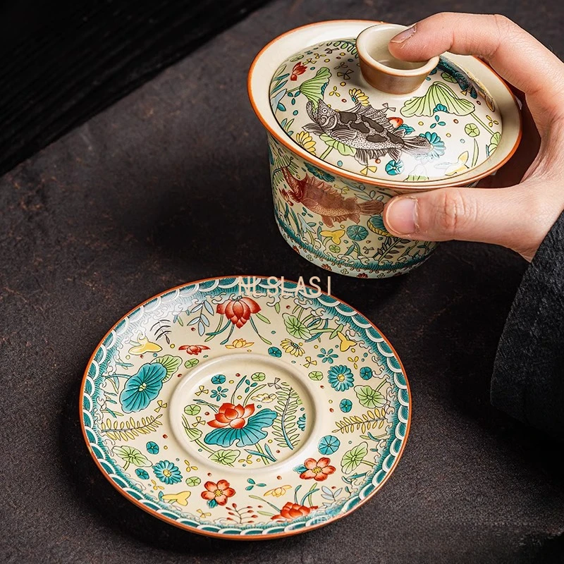 1 pcs Ru kiln opened tea cup Hovering heat-resistant household ceramic lid bowl Tea cup Rotating tea bowl with lid 170ml