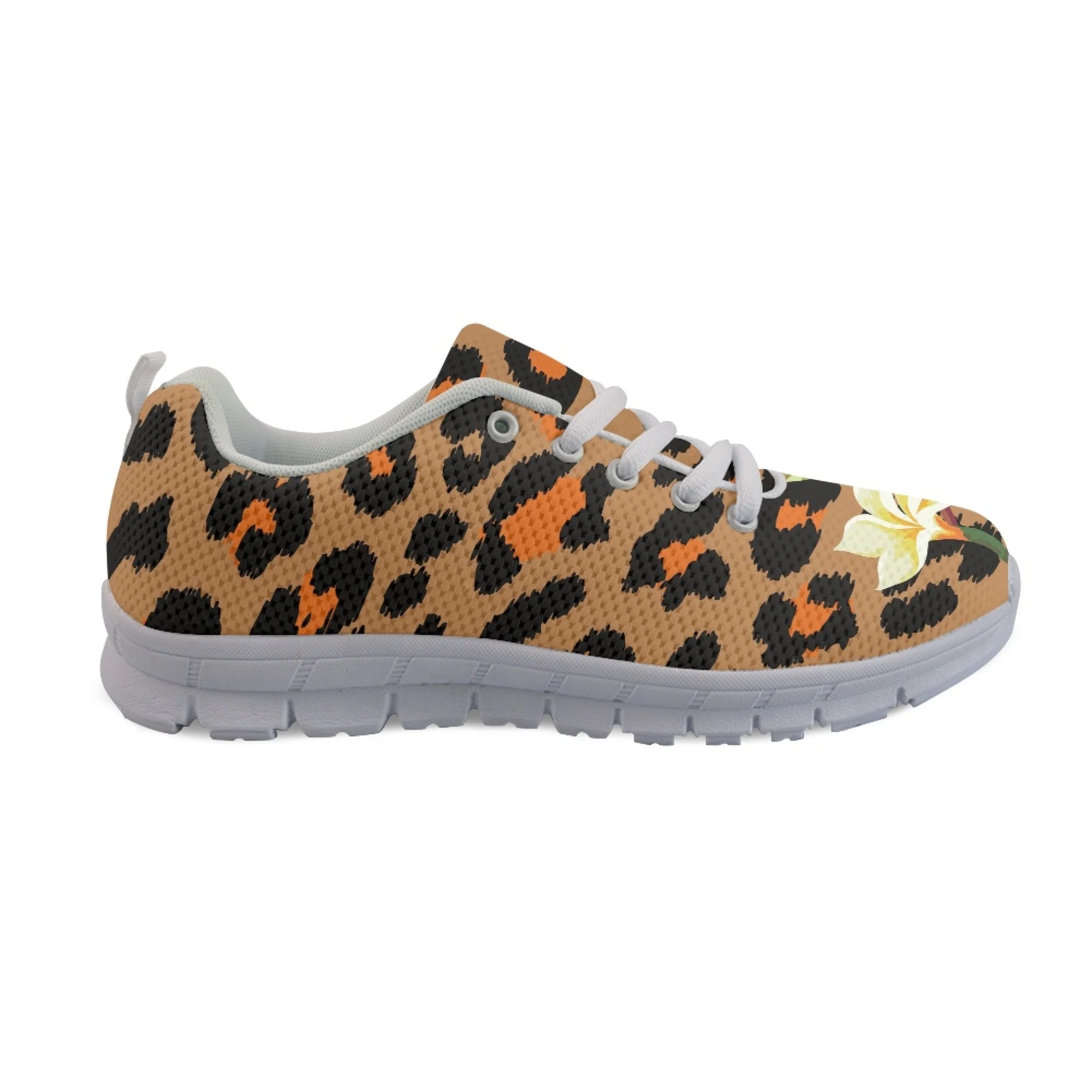 Yikeluo Leopard with Plumeria Pattern Print Flat Shoes for Women Lace up Casual Sneakers Outdoor Lightweight Sport Footwear 2022